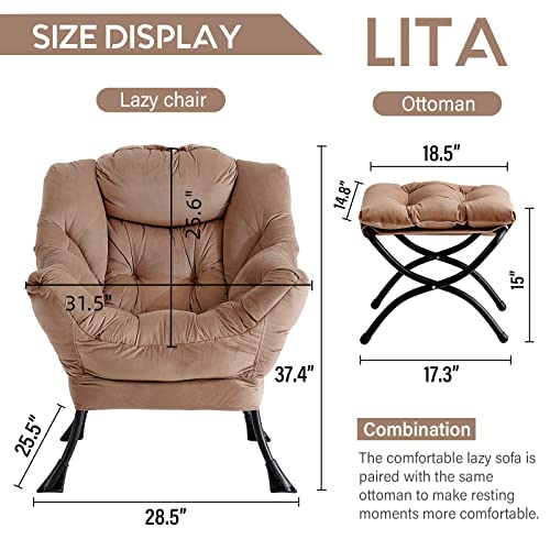 Image of LITA Lazy Chair with Ottoman, Modern Accent Leisure Upholstered Sofa Chair, Contemporary Lounge Reading Chairs with Armrests and a Side Pocket for Living Room, Bedroom & Small Space, Dark Brown
