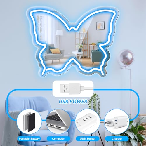 Image of Butterfly Neon Sign Mirror, LED Neon Sign for Wall Decor, 15.7'' x 12'' Dimmable Neon Light for Teen Girls & Kids Birthday Party Gift, Neon Signs for Girl Room Decor, Wall Mirror, USB Powered (Ice Blue)
