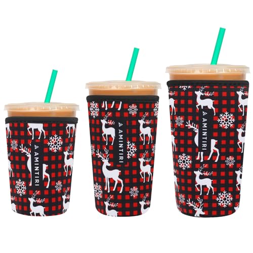 Image of 3 Pack Reusable Neoprene Sleeve for Iced & Hot Drinks, Compatible with Starbucks & Dunkin' Coffee Cup. (Christmas Plaid & Elk)