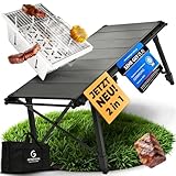 GERBERDING 2in1 IGT Table & Grill | Campingtisch klappbar mit Holzkohlegrill | Höhenverstellbarer Grilltisch | für 2-3 Personen | Faltbar & tragbar | Als Angeltisch nutzbar | ideal für Outdoor BBQ