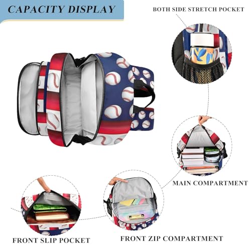 Baseball Flag Kids School Backpack for Boys Girls, Front Flap School Bag, 17 Inch Backpack with Chest Strap for Girls, Age 6-124
