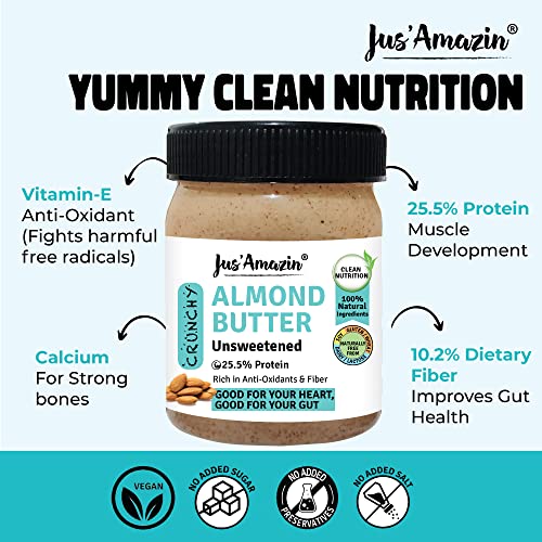 Image of Jus' Amazin Crunchy Almond Butter - Unsweetened (325 Gram)| 25.5% Protein | Plant-Based Nutrition | 100% Almonds | Zero Additives | Dairy Free | 100% Natural