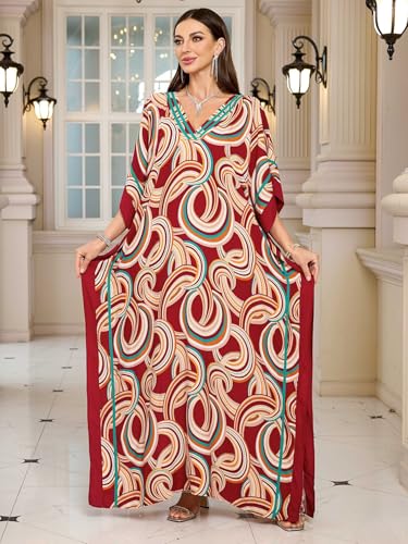 Image of KECVOT Kaftan Dresses for Women V-Neck Print Swimsuit Cover Up Plus Size Beach Caftan Lounge Dress