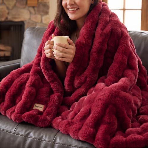 Image of Bedsure Fluffy Bubble Faux Fur Throw XL Blanket, 50 inchx70 inch, Red
