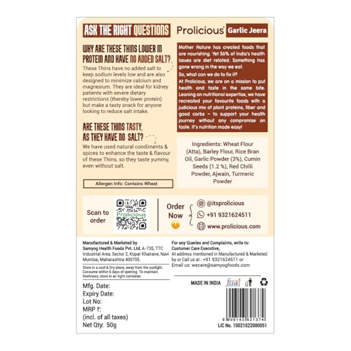 Image of Prolicious Garlic Jeera High Protein Thins - NS | NO Palm Oil | Crispy & Nutritious Snack Chips (50g Pack of 3)