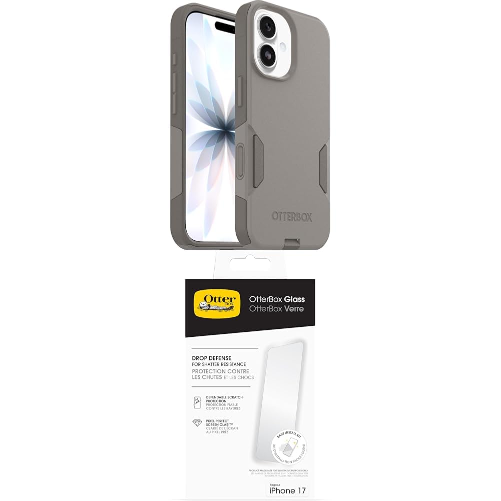 OtterBox Commuter Series MagSafe funda para iPhone 17, Testada 3x estándares Militares anticaídas, Gris + OtterBox Glass Protector de Pantalla de Cristal Templado para iPhone 17