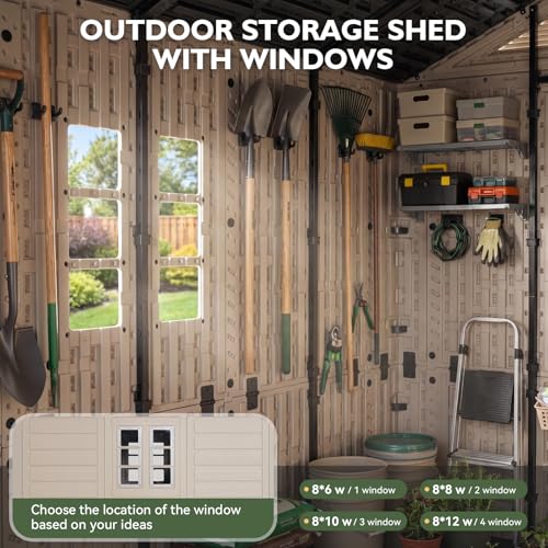 Image of Aoxun 8x8 Ft Outdoor Storage Shed with Floor, Large Resin Outdoor Shed with Lockable Door & Windows, Garden HDPE Sheds for Lawn Tools, Pool Supplies & Bikes