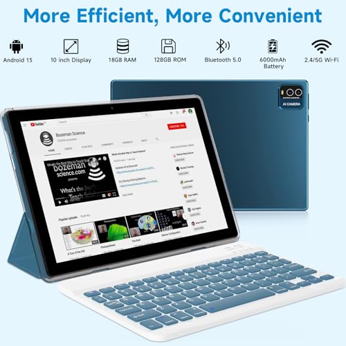 IWEGGO Android 15 Tablet, 10 Inch 18GB RAM+128GB ROM/ 2TB Expandable Tablet, 2.0GHz Quad-core Processor, 1280*800 HD Touchscreen, 5G WiFi6 BT 5.0, 2 in 1 Tablets with Keyboard Case Mouse Stylus, Navy