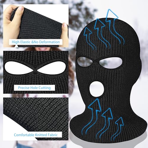 SYIGICE 2Pcs 3-Hole Full Face Ski Mask Warm Beanie Balaclava Cap Winter Black Knitted Cover for Adult Wind Protection Skiing Outdoor Sports, Black - Image 3