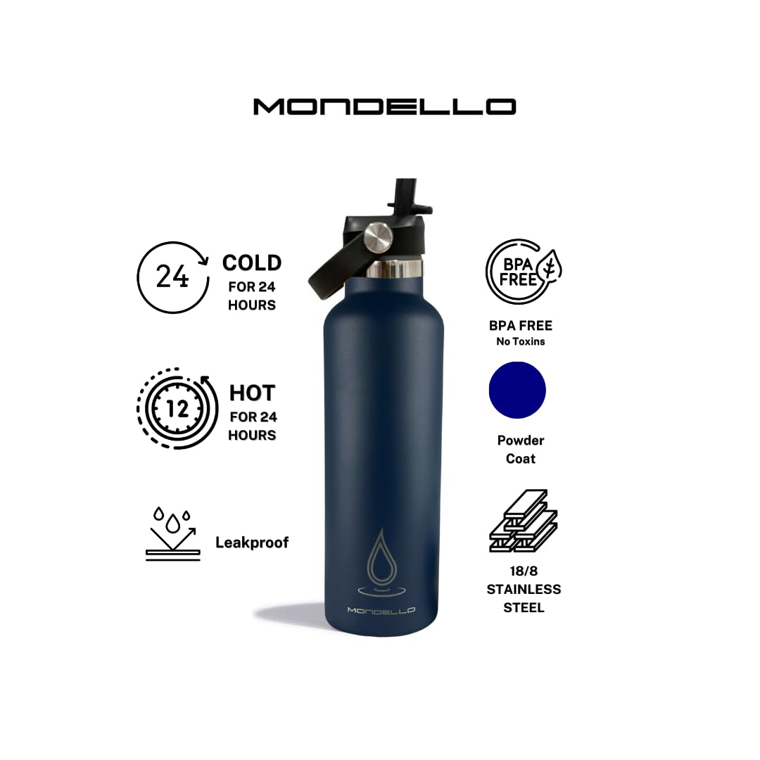 Mondello Insulated Stainless Steel Water Bottle with Straw & Strap (Navy, 750ml), Double Wall Vacuum Flask - Image 2