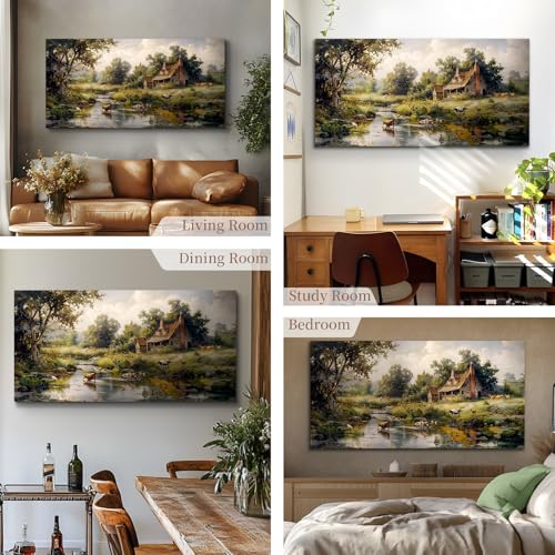crmotu Large Wall Art for Living Room, Farm Landscape Canvas Painting, Riverside Forest Cottage Scenery Art Prints, Animal Cow Sheep Modern Farmhouse Bedroom Bathroom Pictures Wall Decor 30"X60"