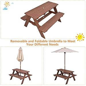 Costzon Kids Picnic Table Wooden Table Bench Set wRemovable Foldable Umbrella Toddler Patio Set for Backyard Garden Lawn Girls Boys Gift Kids Table and Chair Set for Outdoors Natural