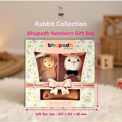 Image of Newborn Gift Box Rabbit Collection (0-12 Months) | 3-in-1 Set with Crochet Rattle, Wooden Dumbbell Rattle & Rabbit Teether | Montessori Baby Toy| BPA Free | Non-Toxic Cotton & Beechwood | Gift Box