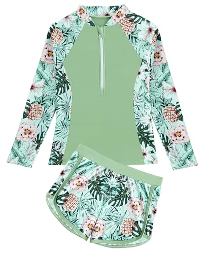 SEAUR Girls' Rash Guard Sets 2 Piece Zipper Bathing Suits with Shorts Quick Dry Kids UPF 50+ Summer Beach Swimwear 7-14Y