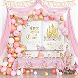 Hombae Princess Birthday Party Decorations, Once Upon a Time Birthday Decor, Pink & Gold Backdrop, Tulle Curtain, Balloons, Tablecloth, Banner, Cake & Cupcake Toppers, 4D Butterfly Cutouts