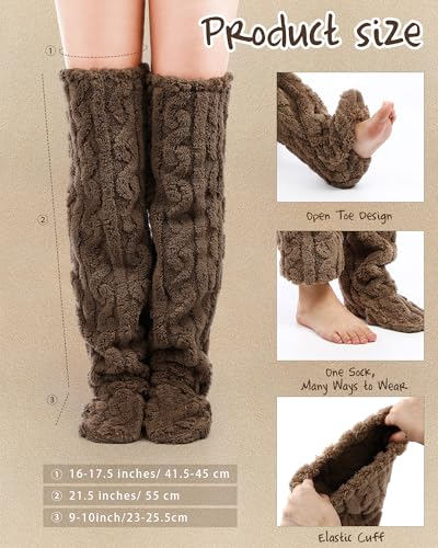 Image of Geyoga 3 Pairs Over Knee Fuzzy Socks High Fuzzy Leg Warmers Over Knee Plush Slipper Socks for Women Christmas Sleeping