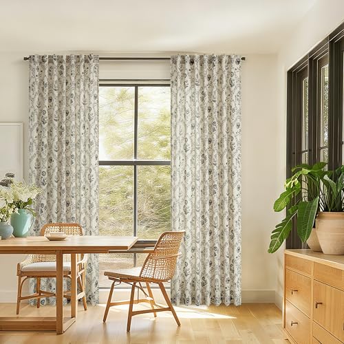Image of Floral Linen Curtains 90 Inch Length for Living Room Charcoal Greenish