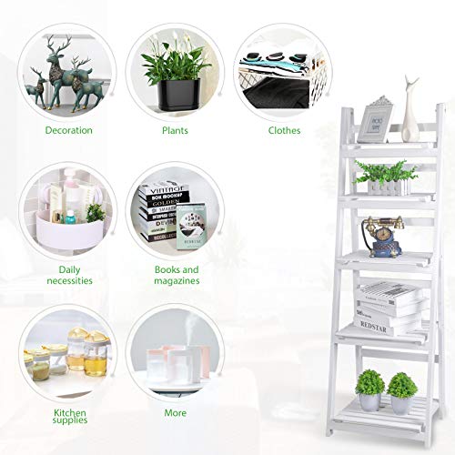 FutureCharger Ladder Shelf, 5-Tier Foldable Wood Bookshelf, Industrial Bookshelf, Ladder Bookcase Free Standing Organizer Storage Shelves Flower Plant Stand Rack for Living Room Bedroom Balcony Office - Thumbnail 7