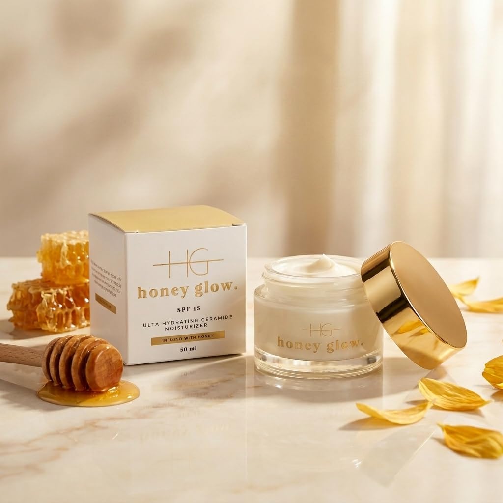 HoneyGlow ultra nawilżający ceramiczny krem do twarzy z miodem, wzmacnia barierę dla skóry i chroni przed światłem słonecznym, SPF15, sformułowany z niacynamidem, kwasem hialuronowym i