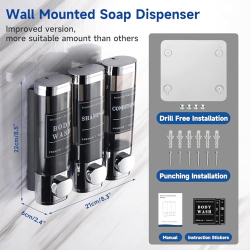 Image of Shower Soap Dispenser Wall Mounted No Drill Shampoo Dispenser for Shower Wall Shampoo and Conditioner Dispenser Bathroom Hotel 3 * 300ml Chrome Self