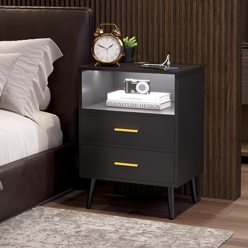 LVSOMT-Black-LED-Nightstand-with-Charging-Station-Modern-Bedside-Table-End-Side-Table-with-2-Drawers-Open-Storage-Shelf-Smart-Night-Stand-for-Bedroom