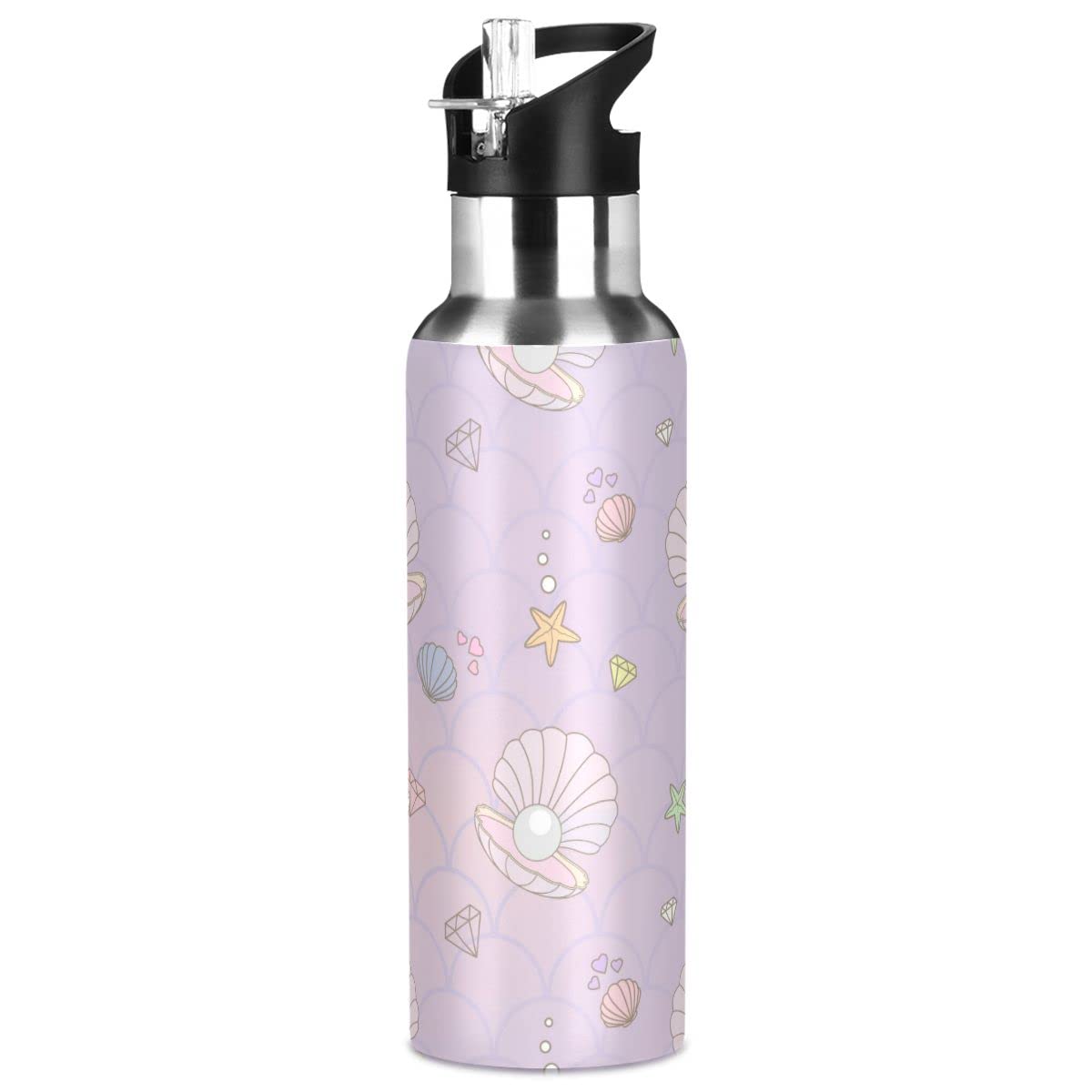 Edelstahl-Wasserflasche mit Strohhalm, schöne Perlen und Meerjungfrauen, isolierte Trinkflasche, Sport-Wasserflasche für Kinder und Erwachsene, auslaufsicher, 1 l
