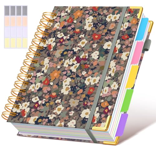Hardcover Spiral Notebook journal with Removable Dividers Tabs, 300 Pages 5 Subject Notebook College Ruled, 100GMS Notebooks for Work School Note taking,Lined Journal for Women,A5-Flower