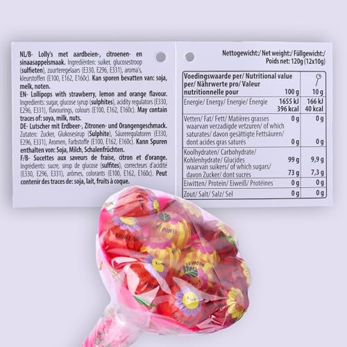 Flower Bouquet Lollipops 120g – 12 Lollis als Blumenstrauß mit Erdbeer-, Zitronen- & Orangengeschmack – Geschenk für Kindergeburtstag, Candy Bar & Mitgebsel – Straußfarbe zufällig (Pink, Grün, Lila)