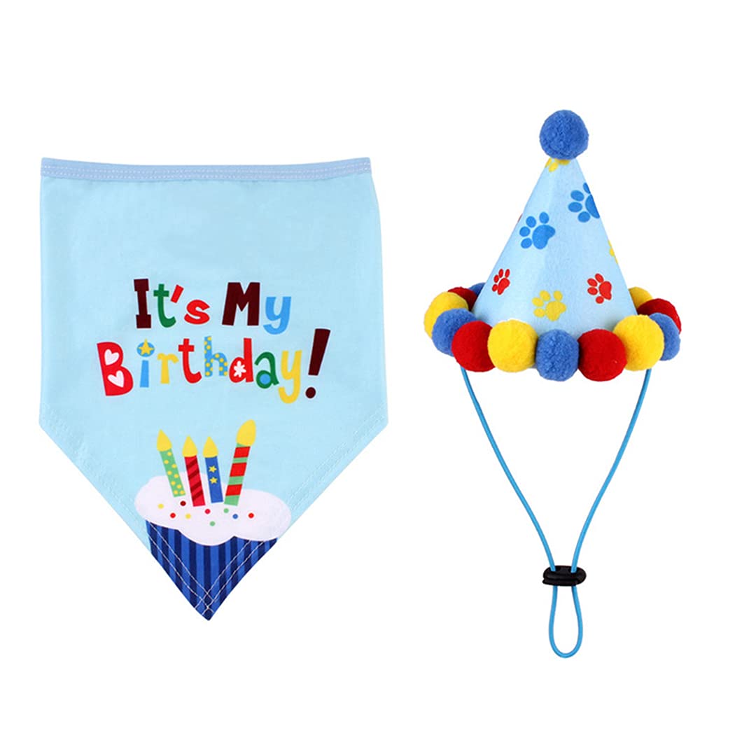 H.S.G.K Pet Dog Blue Birthday Bandana Tie Hat Saliva Towel Bowtie Set Triangle Happy Birthday Party Supplies Decor Costumes Cat Headwear