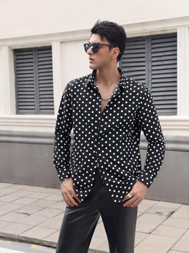WDIRARA Men's Polka Dots Button Front Long Sleeve Collar Shirt Casual Tops2