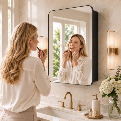 Image of 24x32 Black Medicine Cabinet with Mirror, Recessed & Surface Mount