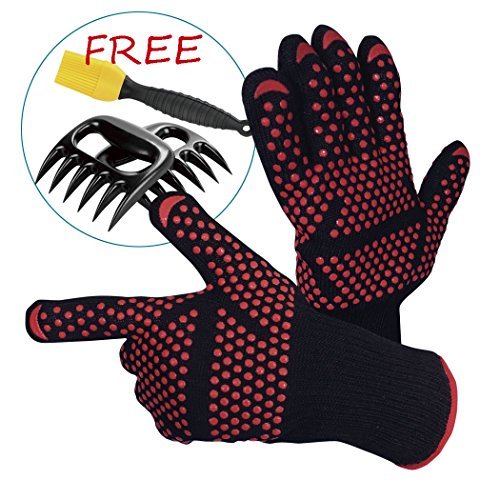 BBQ Grill Gloves, Oven Heat Resistant Gloves Grilling Mitts Set Cooking Gloves with Meat Shredder Claws and Silicone Basting Brush, BBQ Accessories for Baking Barbecue Smoker Kitchen and Outdoor Cook