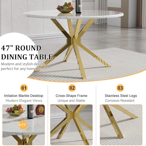 Image of 5-Piece Round Dining Table Set for 4, Luxury Faux Marble Kitchen Table Set for 4 with Beige Velvet Chairs, 45 inch Circle Dining Room Tables with White Marble Top and Gold Stainless Steel Cross Legs