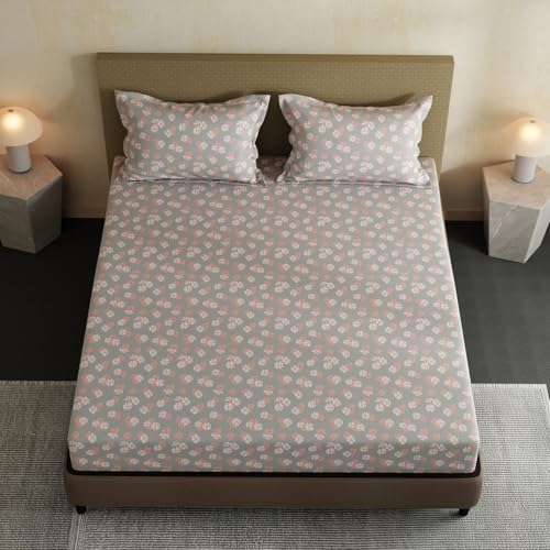 Image of Layers 100% Cotton Bedsheet for Double Size Bed | Lumina Floret Collection | 144 TC Soft & Breathable | Floral Print with 2 Pillow Covers | Wrinkle Free & Colorfast | 3 Piece Bedding Set - Grey