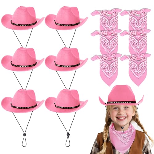 JTYKUYR 6 Sets Pink Cowboy Hats with Pink Bandanas, Western Cowboy Set for Halloween Cosplay Birthday Themed Party Dress Up