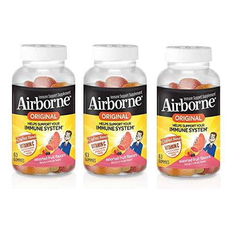 Airborne Vitamin C 750mg (per Serving) Assorted Fruit Gummies (63 Count in a Bottle), Gluten-Free Immune Support Supplement with Vitamins C E, Selenium (Pack of 3) Cover