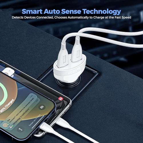 Image of Ubon CH85 20W Dual USB Car Charger with Micro USB Cable | Fast Charging Car Adapter | Overheat & Overvoltage Protection | Compact & Durable Design | Compatible with All Smartphones & Devices (White)