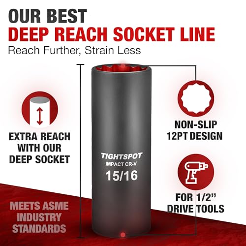 Image of TIGHTSPOT 1 /2 Inch Drive - 15 /16 Inch Deep Impact Socket with Anti-Rounding 12 Point Design, Heat-Treated CRV Steel