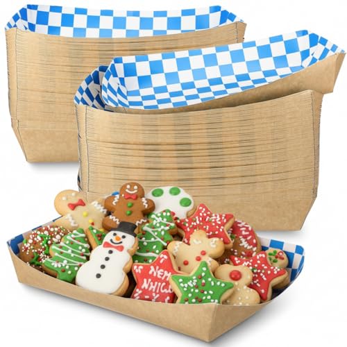 Norme 60 Pcs Disposable Blue White Checkerboard Paper Food Trays 5 lb Heavy Duty Kraft Paper Food Serving Boats 10.2 x 7.1 x 2 Inch Nacho Taco Hot Dog Chips Snack Hamburger Holder for Party