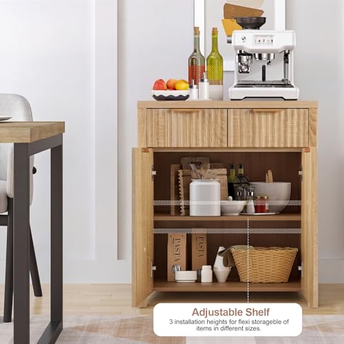 Image of Panana 2-Door 2-Drawer Storage Cabinet, Farmhouse Ribbed Style Sideboard for Kitchen, Living Room, Entryway (Oak)