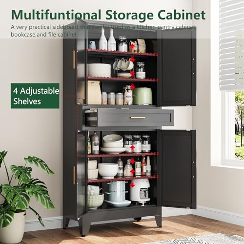 Image of Bevivog Tall Pantry Storage Cabinet with Drawers, Metal Storage Cabinet with Doors and Shelves, 4 Doors Freestanding Cupboard Cabinets for Office /Pantry /Living Room