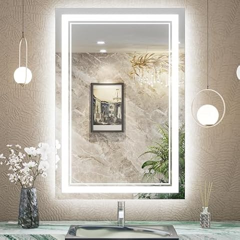 TokeShimi 24x36 Bathroom Mirror with Lights 3 Color Stepless Dimmable Led Vanity Mirror Lighted Anti-Fog, Hanging Wall Mirror Backlit & Frontlit Separate Control,UL Listed,CRI90+,Memory Cover