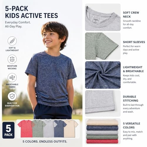 BenBen Youth Boy T Shirts Short Sleeve Moisture Wicking Performance Tees Everyday Wear Gym - 5 Pack by BenBen - Used condition - Image 2