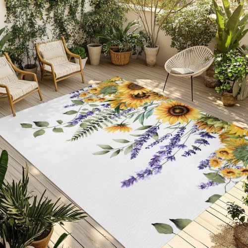 Outdoor Area Rug,3x5ft Large Outside Rugs Summer Lavender Sunflowers Indoor