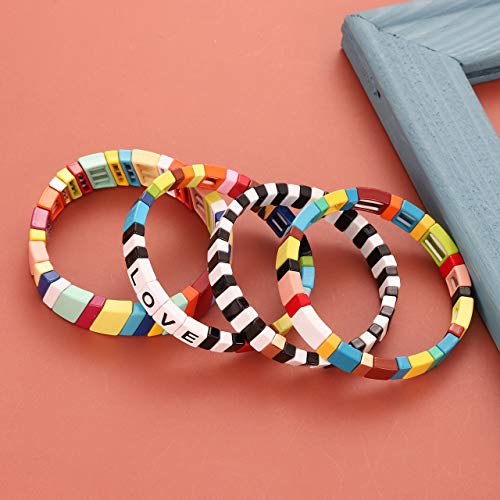 Enamel Tile Bracelet Stackable Rainbow Tile Bead Love Stretchy Bracelet Colorblock Enamel Brite Bracelet for Women Set of 4 Strands4