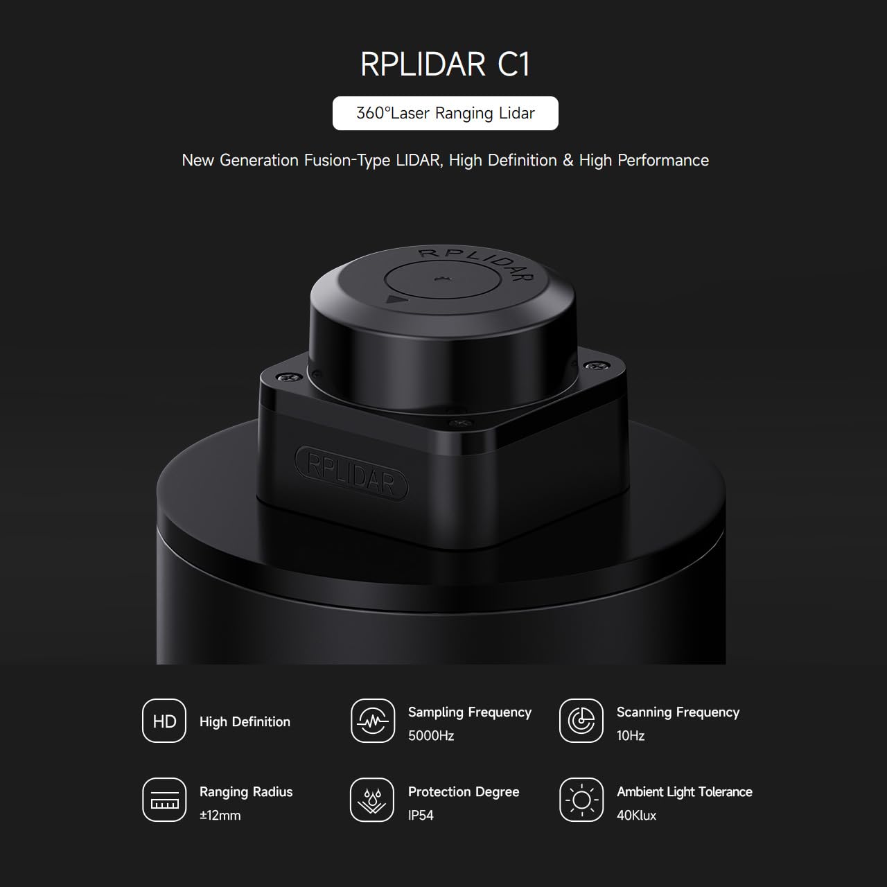 Waveshare Slamtec RPLIDAR C1 Laser Ranging Sensor, 360° Omnidirectional Lidar, Millimeter-Level High Definition, Anti-Interference and Anti-Adhesion, Compact and Easy to Integrate