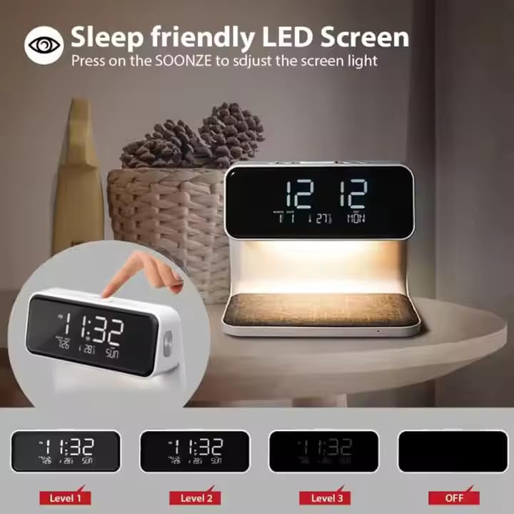 Luz De Noche Para Mesita De Noche, Lámpara De Lectura Con 3 Configuraciones De Luz, Despertador Con Pantalla Digital LED, Carga Inalámbrica, Luz De Despertador Para Quienes Duermen Profundamente