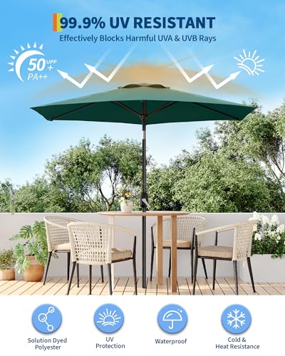 7.5FT Outdoor Patio Umbrella Table Market with Push Button Tilt and Crank, 6 Sturdy Ribs UV Protection Waterproof for Garden, Deck, Backyard, Pool (Dark Green)