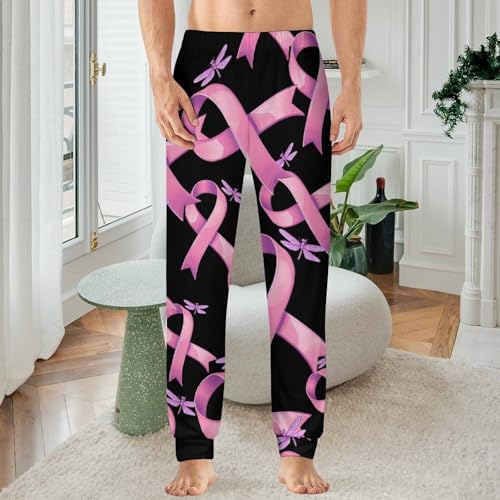 Breast Cancer Awareness Ribbon Dragonfly Men's Pajamas Pants Lightweight Sleep Lounge Pant Pjs Bottoms Casual Sleepwear2