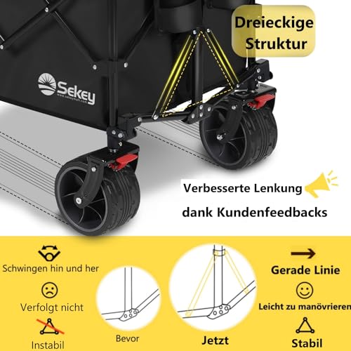 Sekey XXXL Bollerwagen Faltbar 300L 200KG Belastbar, Faltbarer Bollerwagen 17x10 cm Extra Breite Reifen Alle Gelände, Patentiert Klappbar aus Vier Richtungen, XXXL-Super 4013, Schwarz – Bild 7